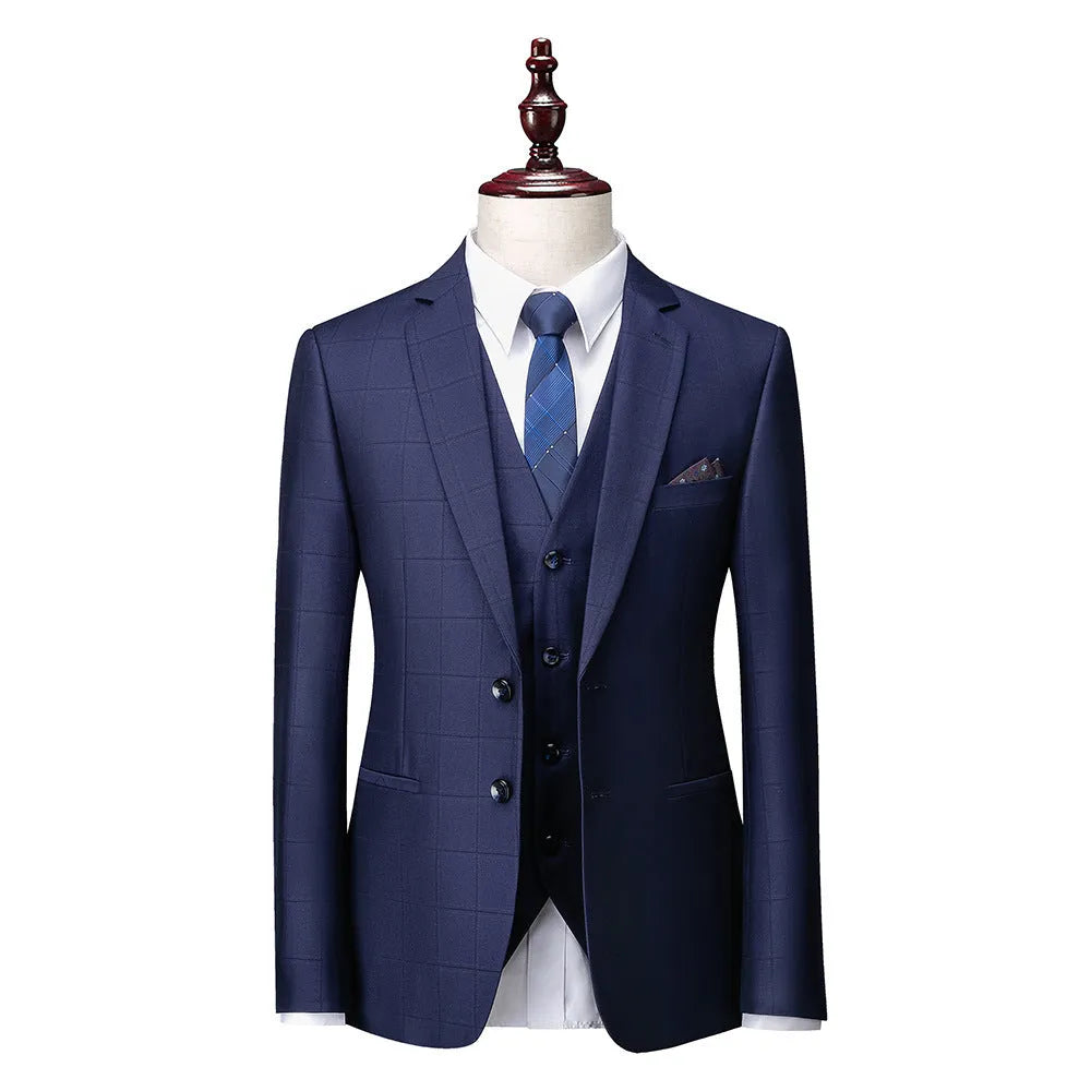 Men's navy blue plaid slim fit three-piece business casual suit with vest, jacket and trousers