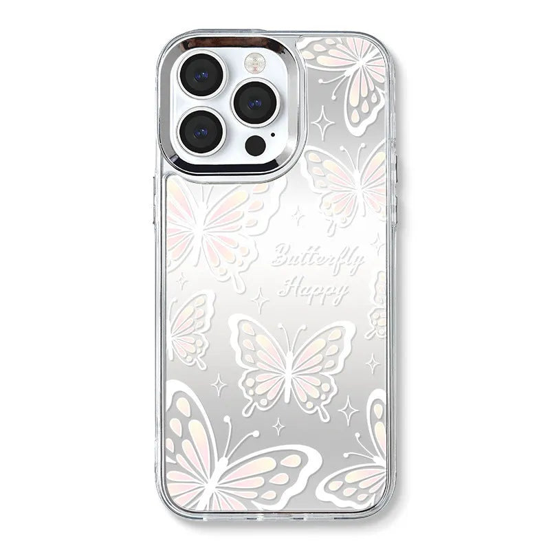Transparent iPhone 15 Pro Max case with integrated mirror and bow decoration on back
