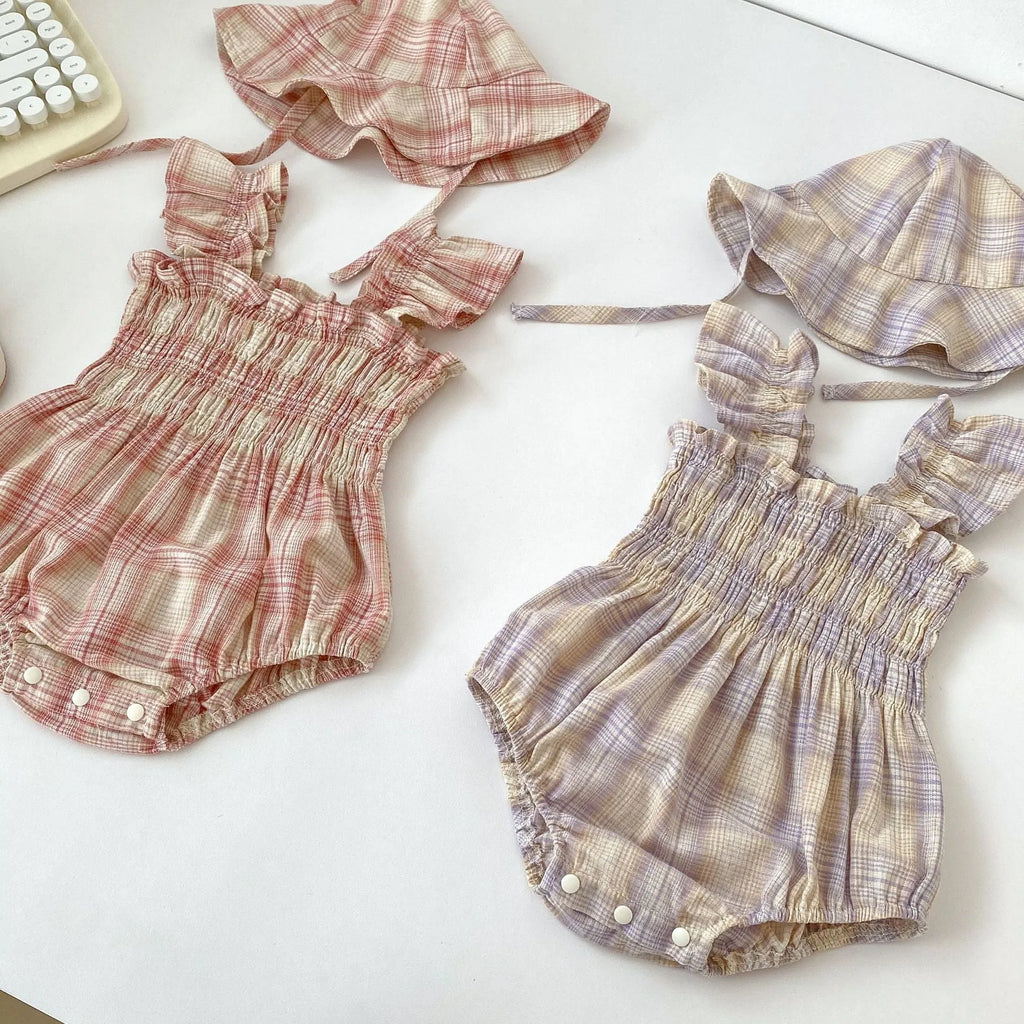 Baby girl cotton plaid onesie with matching hat in pink, triangle jumpsuit style