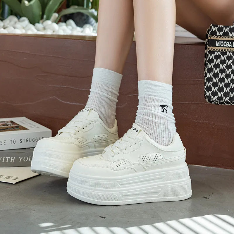 Creamy white beige leather platform casual shoes with lace-up and cross strap closure, round toe, low top, high heel 6-8cm