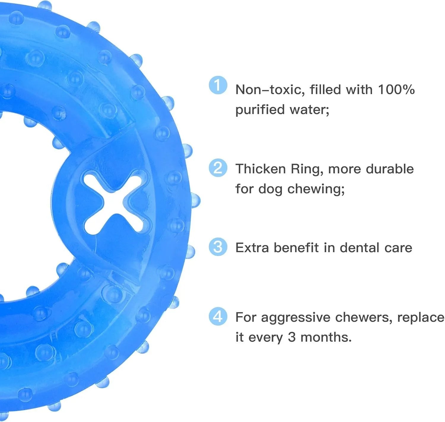 Freezable bone-shaped dog chew toy with a water-filled core for cooling and teething relief.