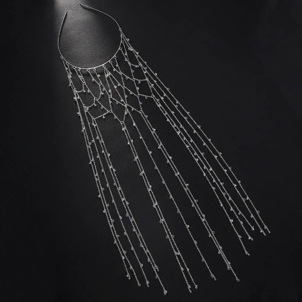 Gold and silver mesh tassel rhinestone headband hair accessory