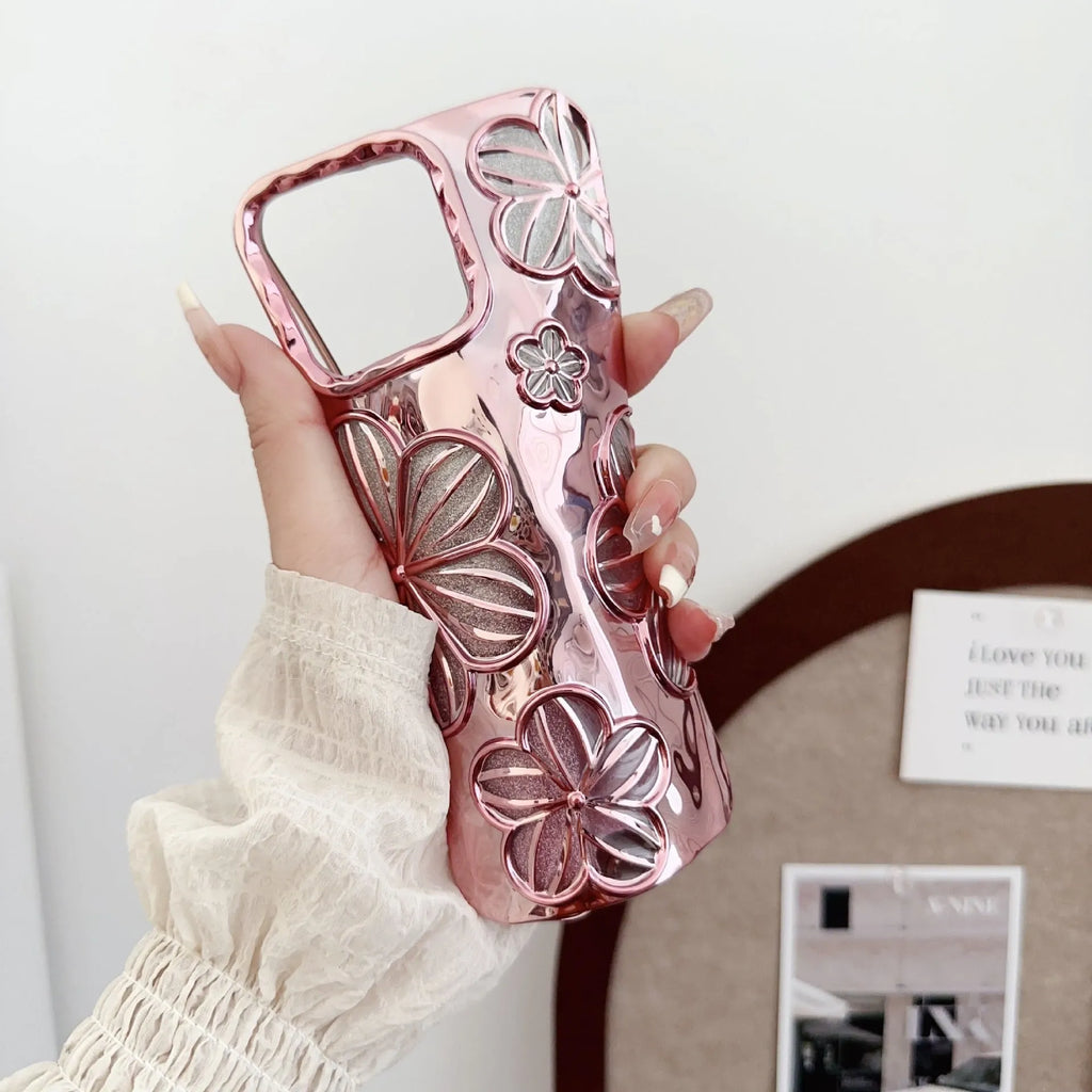Electroplating pleated flower iPhone case in gold with soft shell and fall protection, for iPhone 11 to 15 Pro Max