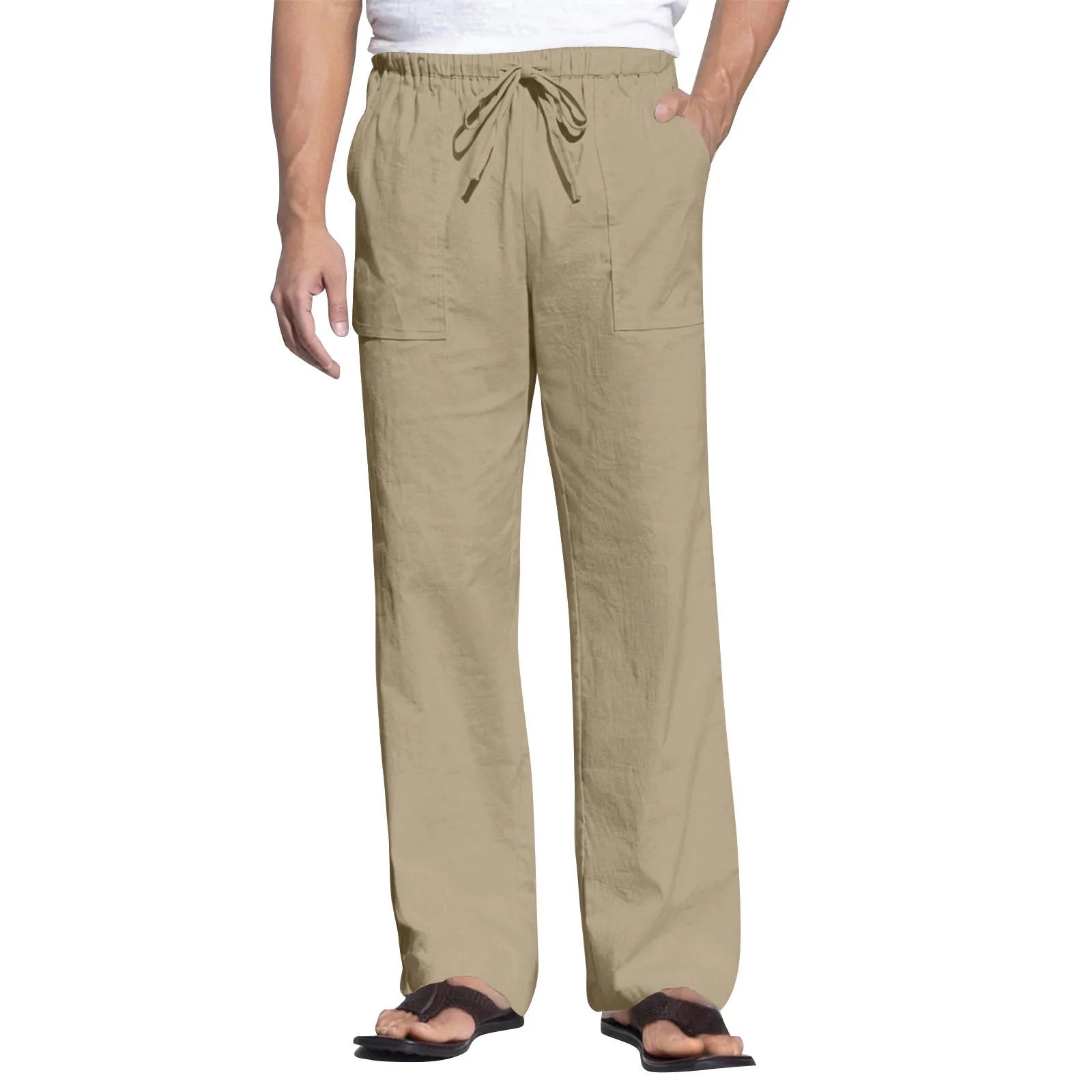 Men's beige cotton linen straight leg trousers with a drawstring elastic waistband laid flat.