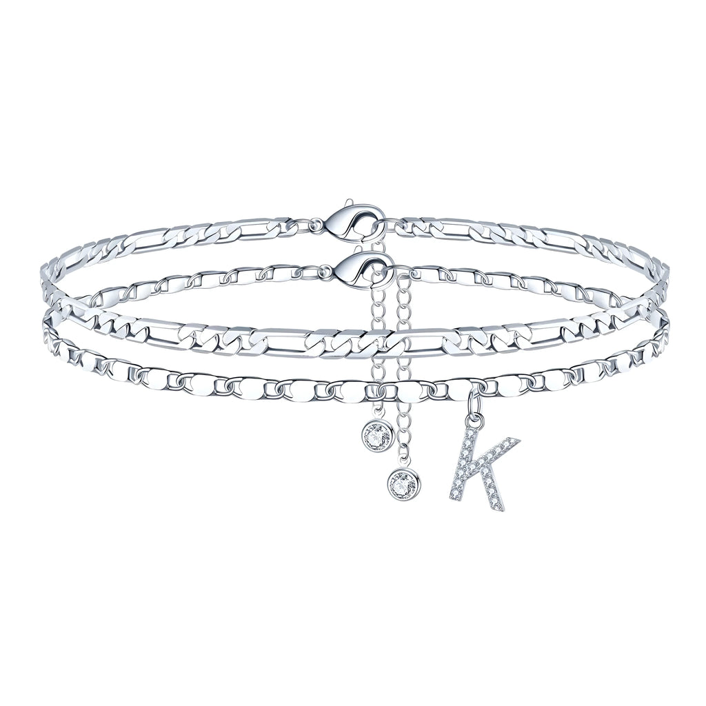 Silver colour copper anklet with double-circle design and text bead elements on ankle