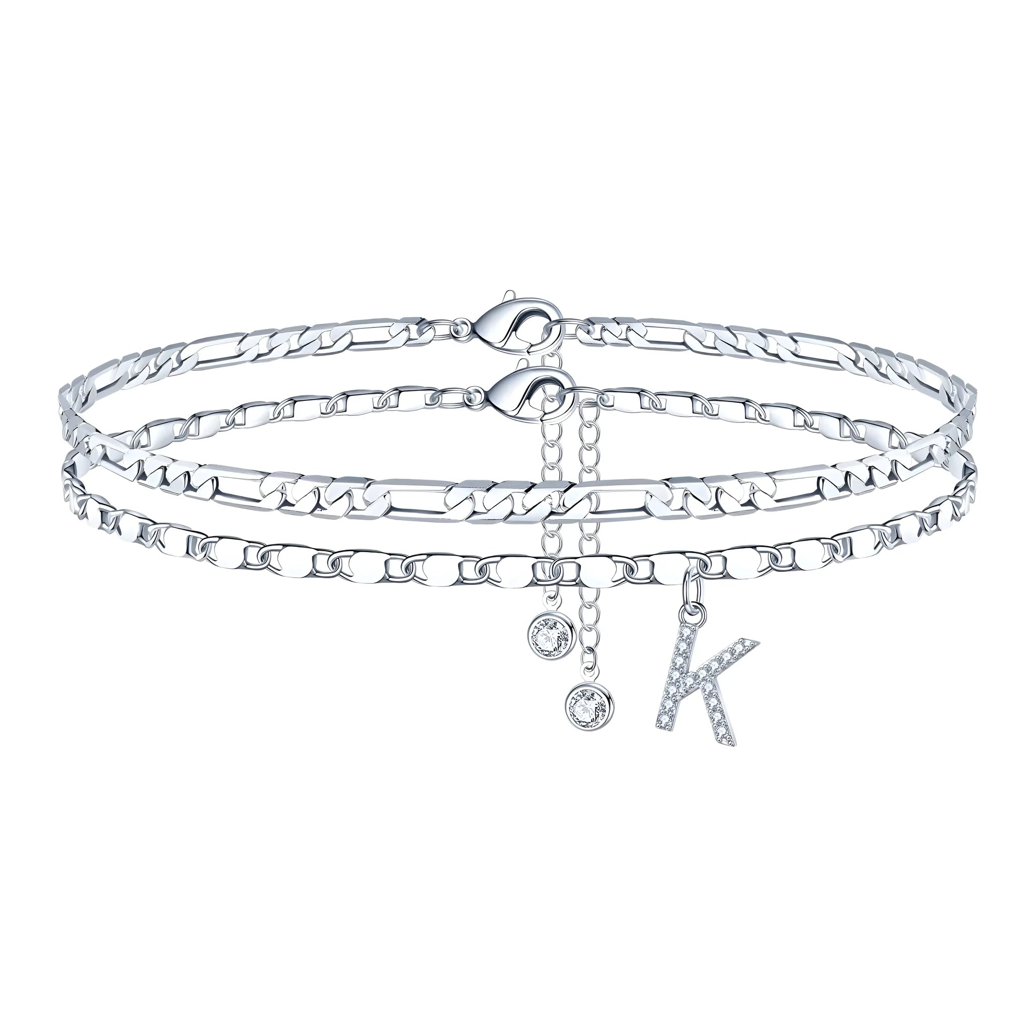 Silver colour copper anklet with double-circle design and text bead elements on ankle