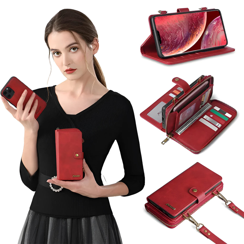 Detachable wallet-style phone case in black showing the strong adsorption leather flap closed over a phone.