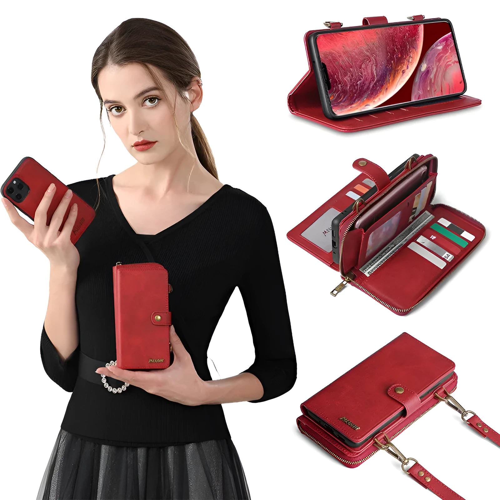 Detachable wallet-style phone case in black showing the strong adsorption leather flap closed over a phone.