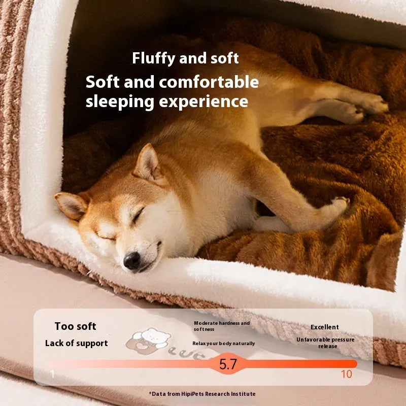 Enclosed dog bed with curved bear design and removable cover in multiple colour options