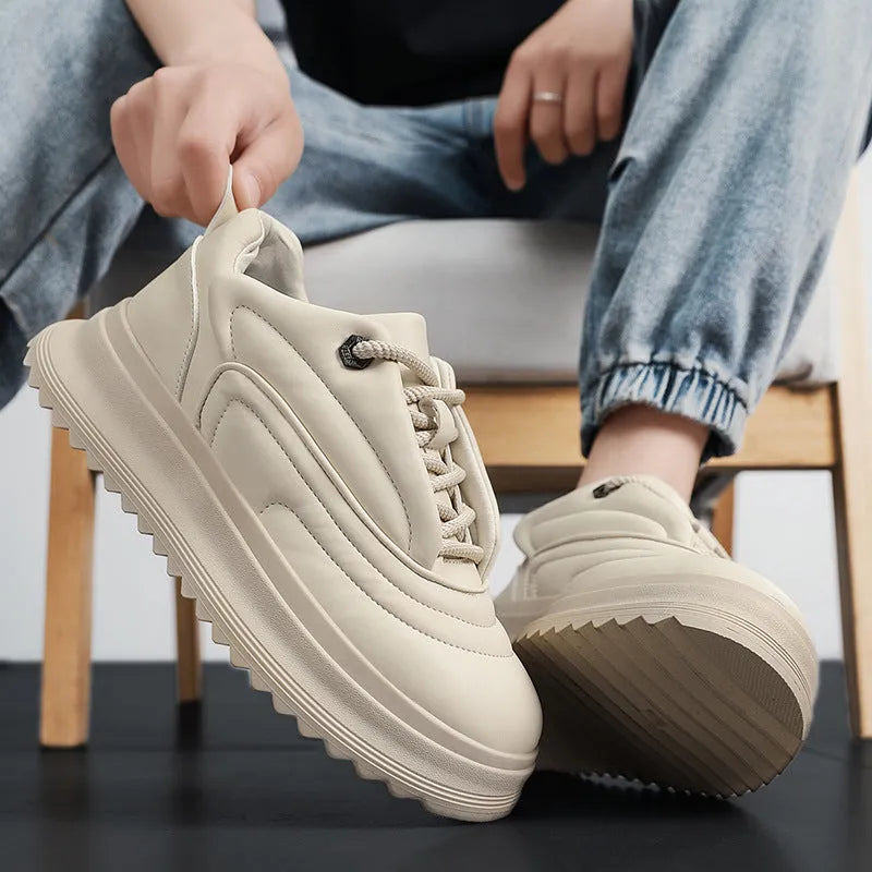 Matte cowhide leather casual shoes with thick sole and low heel in khaki colour