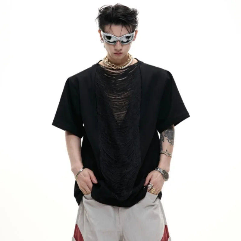 Black men's loose V-neck short sleeve t-shirt with tassel detail on solid polyester fabric.