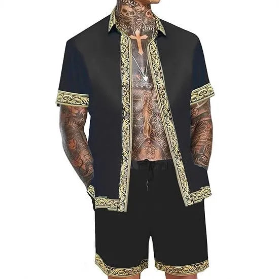 Men's casual loose short sleeve shirt and shorts set in Hawaiian suit style, polyester, eight styles, sizes S to 4XL