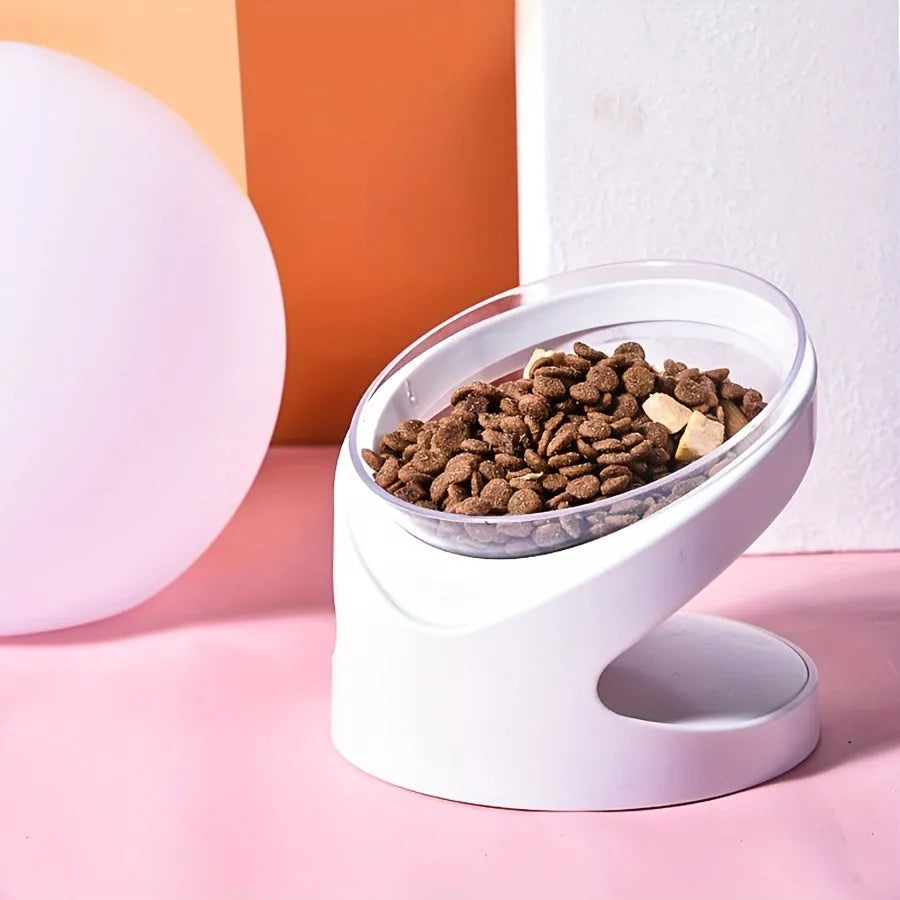 White plastic elevated cat food bowl with tilted design for neck protection