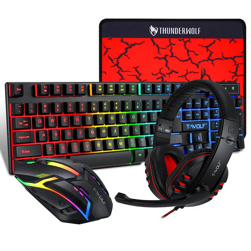 Thunder Wolf T800 gaming keyboard mouse headset combo set with mouse pad on desktop