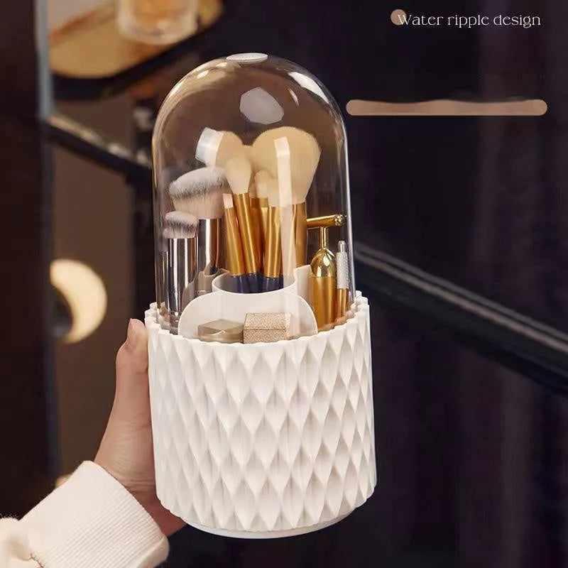 White acrylic makeup brush storage box with transparent cover and rotating base