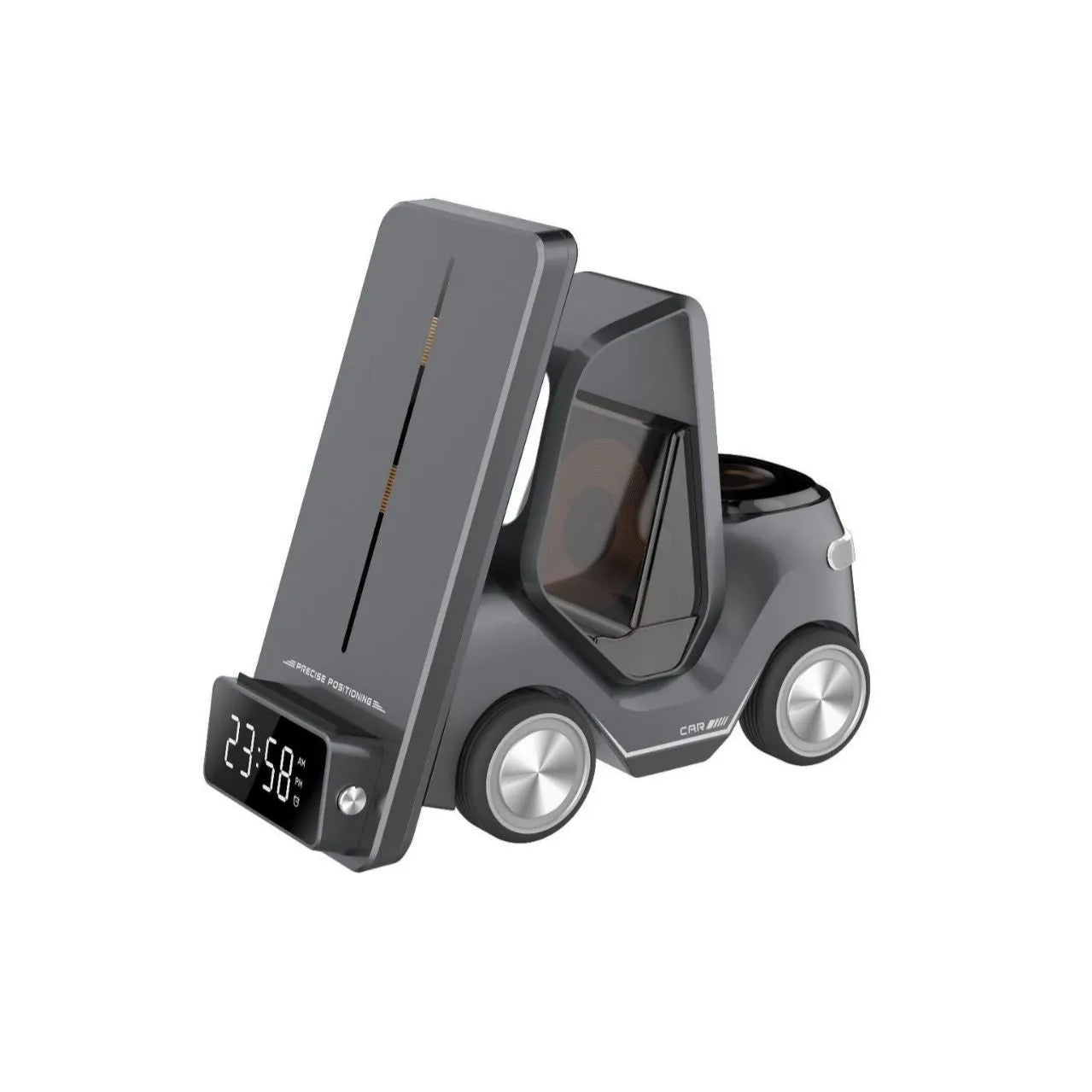 Grey triple wireless charging bracket mounted on a car air vent, charging a phone, smartwatch, and earbuds.