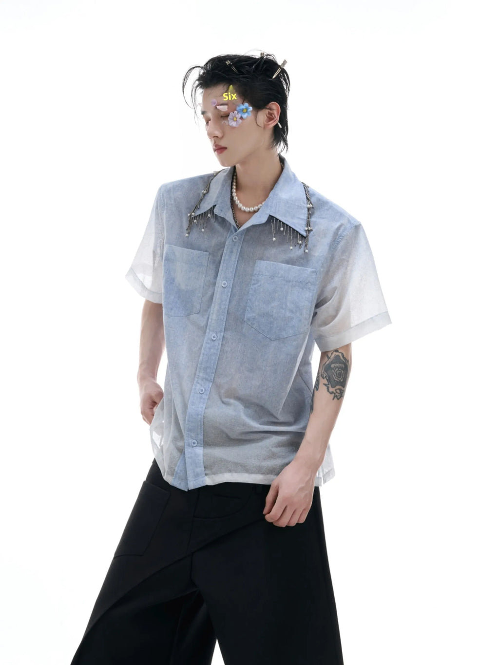 Man wearing a blue and white gradient loose-fit casual half-sleeve summer shirt