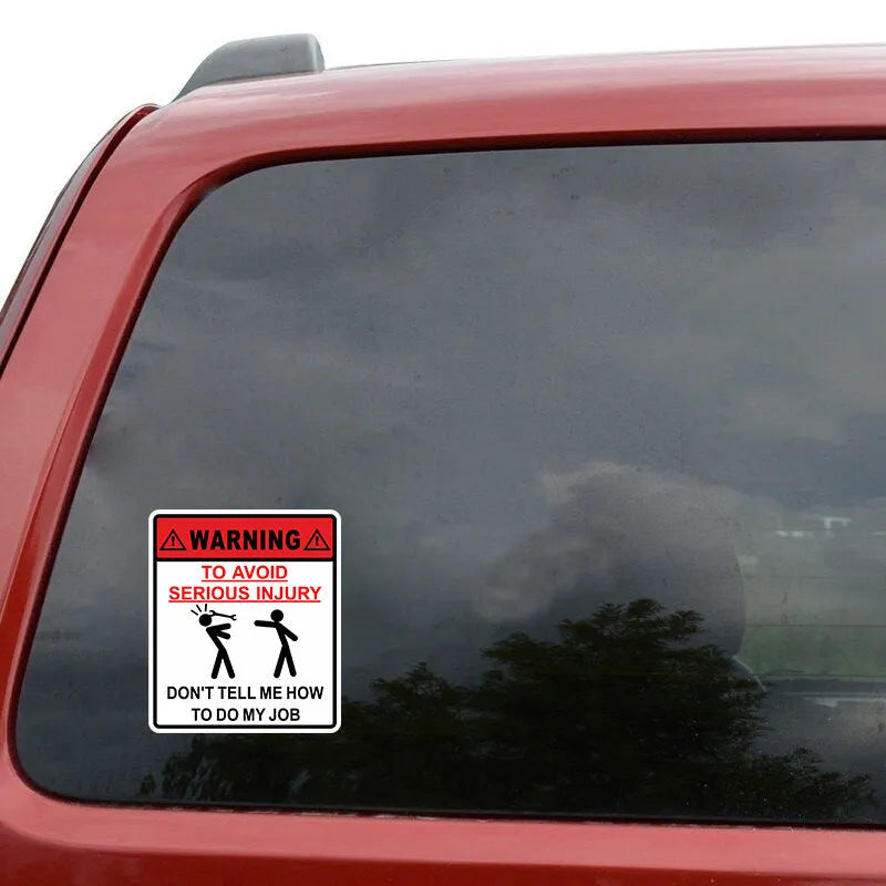 White rectangular adhesive safety sticker with black text reading warning to avoid serious injury, sized 14.9 by 12.6 centimetres.