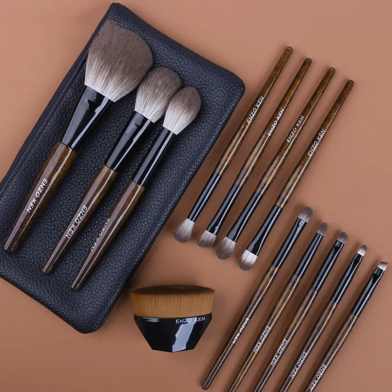 12-piece makeup brush set with wooden handles in a PU carry case including powder foundation brush