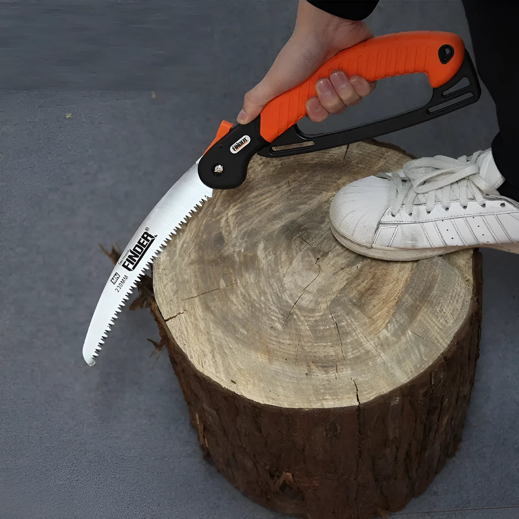 A folding garden hand saw with a 230mm steel blade and black TPR grip, shown both open and closed.