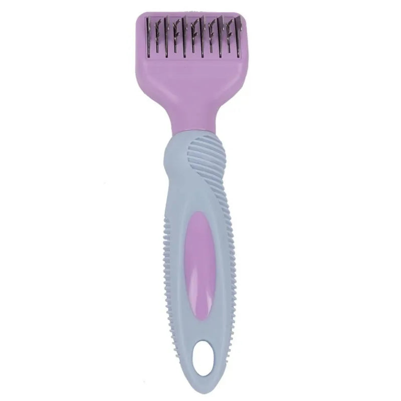 Pink stainless steel dog comb with knot knife edge and massage brush for pet grooming