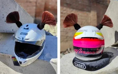 Pair of 8cm tall braid decorations with adhesive backing for motorcycle helmet customisation
