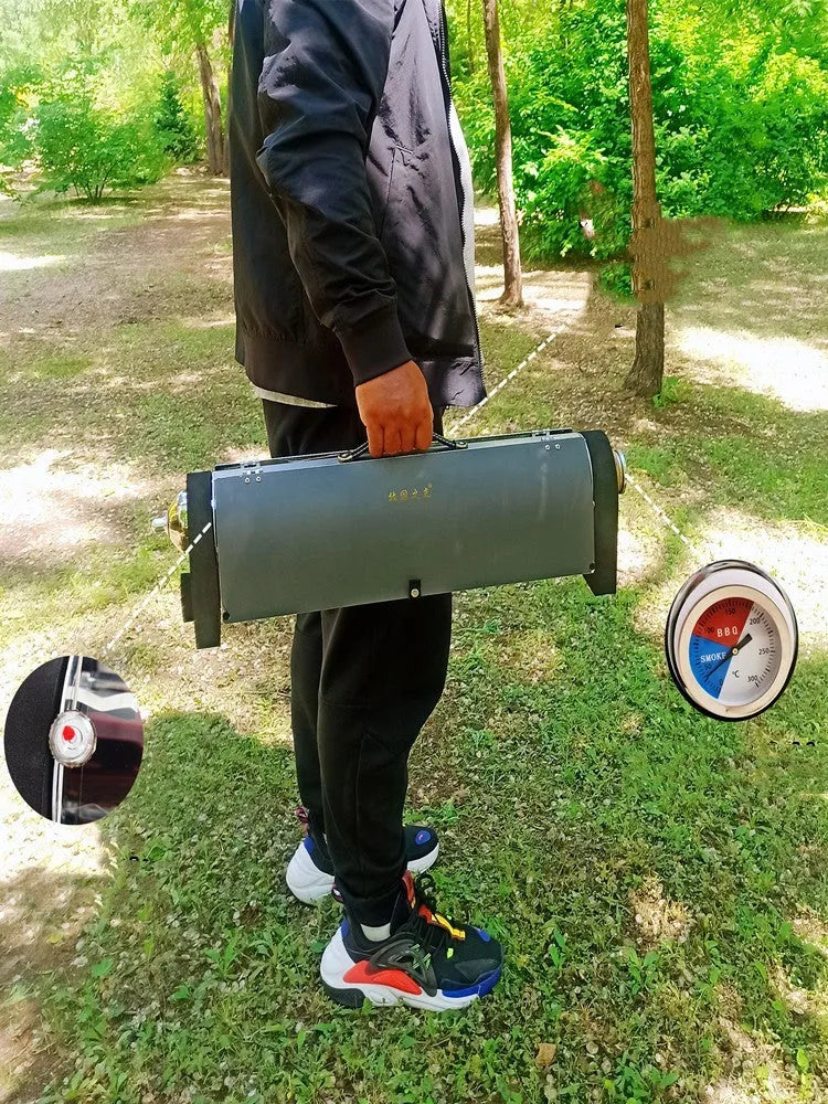 Portable smokeless vacuum tube grill in silver with 1.5L capacity, 620mm tube, and 49x35cm reflector.