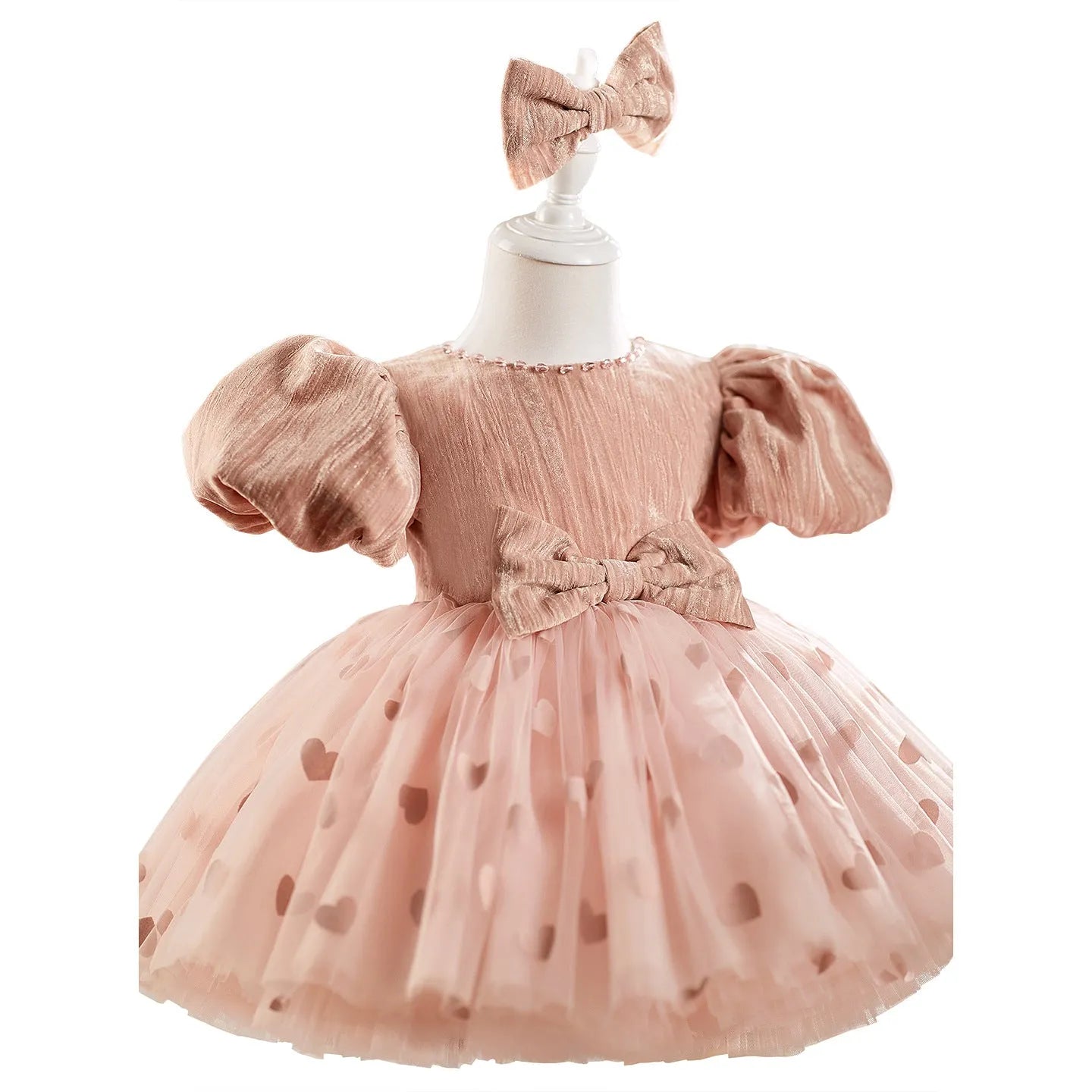 Girls' bean pink puff sleeve puffy gauze princess dress with headband on display