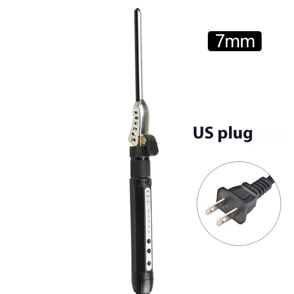 Small black 7mm rotatable clip hair curler with wired power cord