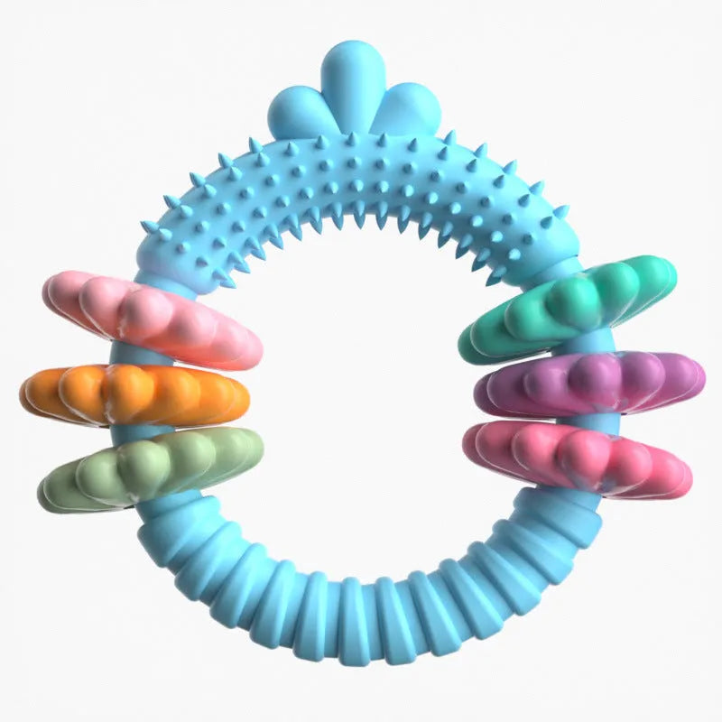 Blue TPR rubber chew ring dog toy for small dogs on a white background.