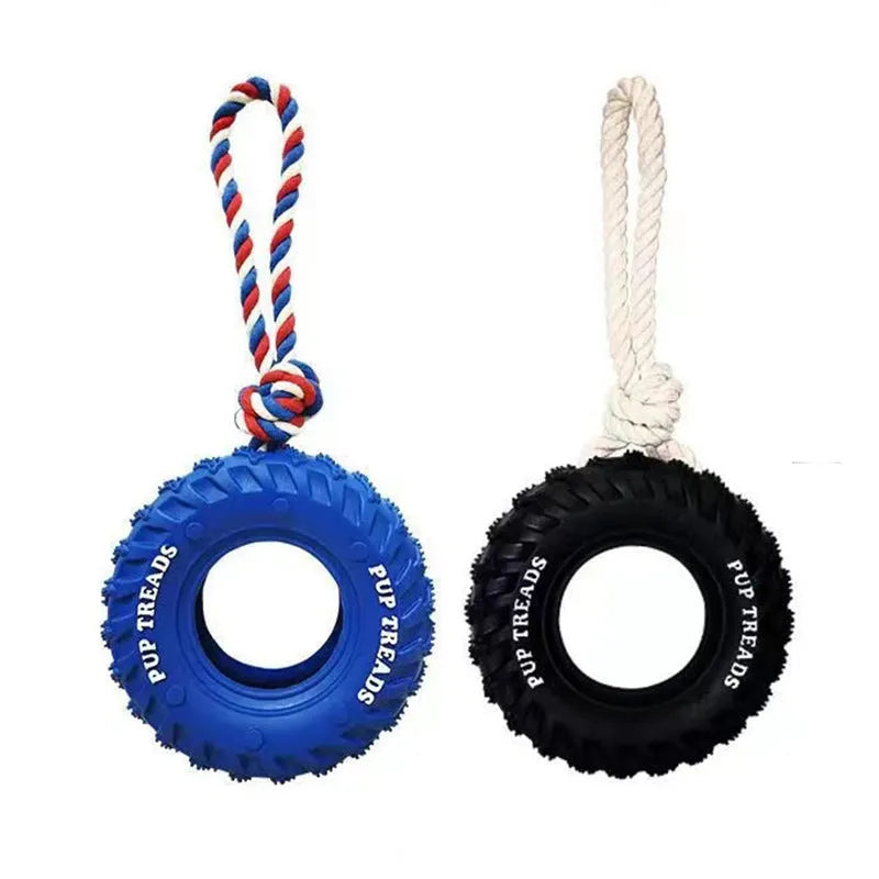 Black natural rubber tire dog toy with rope for aggressive chewers, large size 35x16 cm