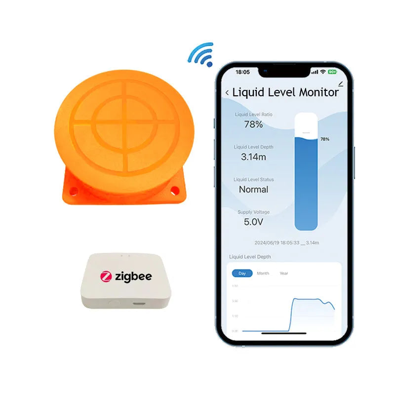 Moray ME201W wireless fluid level sensor with power adapter for remote tank monitoring on mobile app.