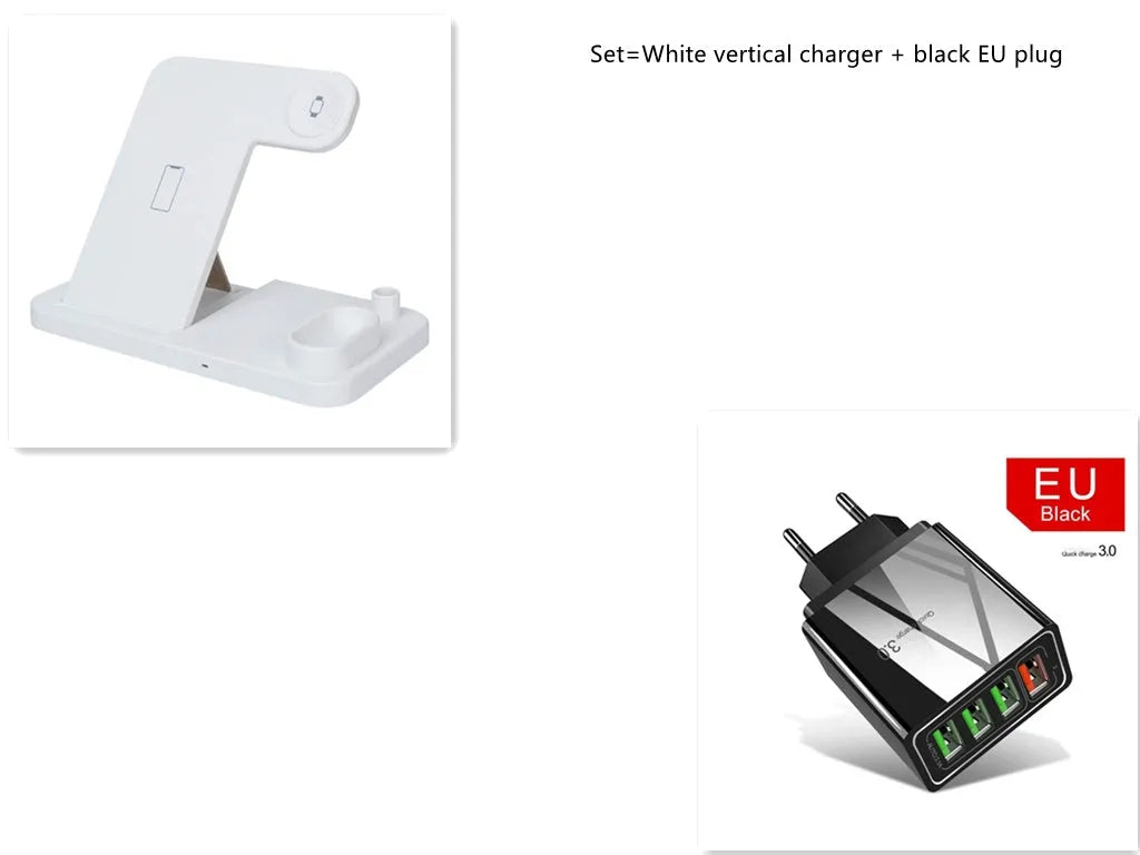 Black 4-in-1 wireless charging dock with phone on adjustable stand, Apple Watch and AirPods on charging modules