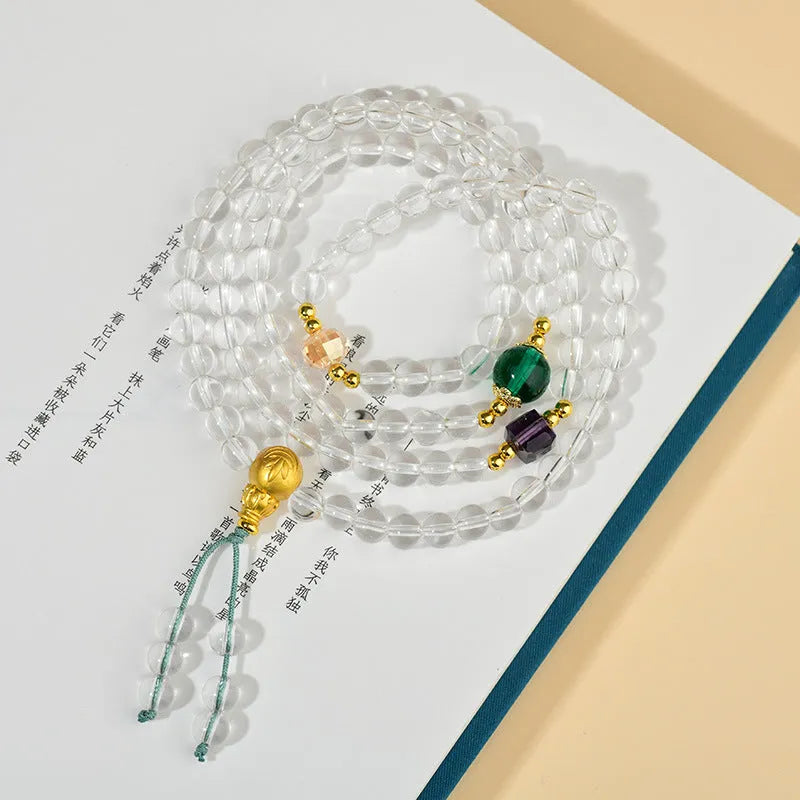 White crystal 108 bead rosary bracelet with geometric ethnic style design