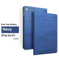 Universal iPad protective cover with sleep bracket in imitation leather, shown in black and sapphire blue colours