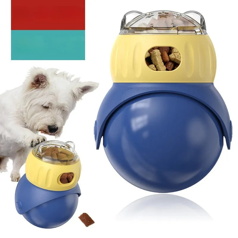 Morandi yellow and blue plastic owl-shaped cat puzzle feeder toy on a wooden floor.