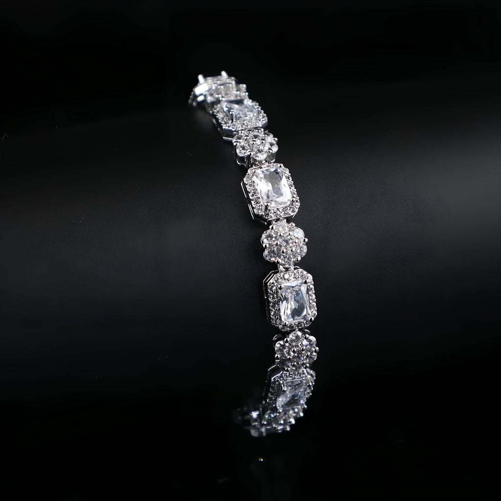 Copper and real white gold claw chain bracelet with full zircon stones, flower and geometric design, women's silver style