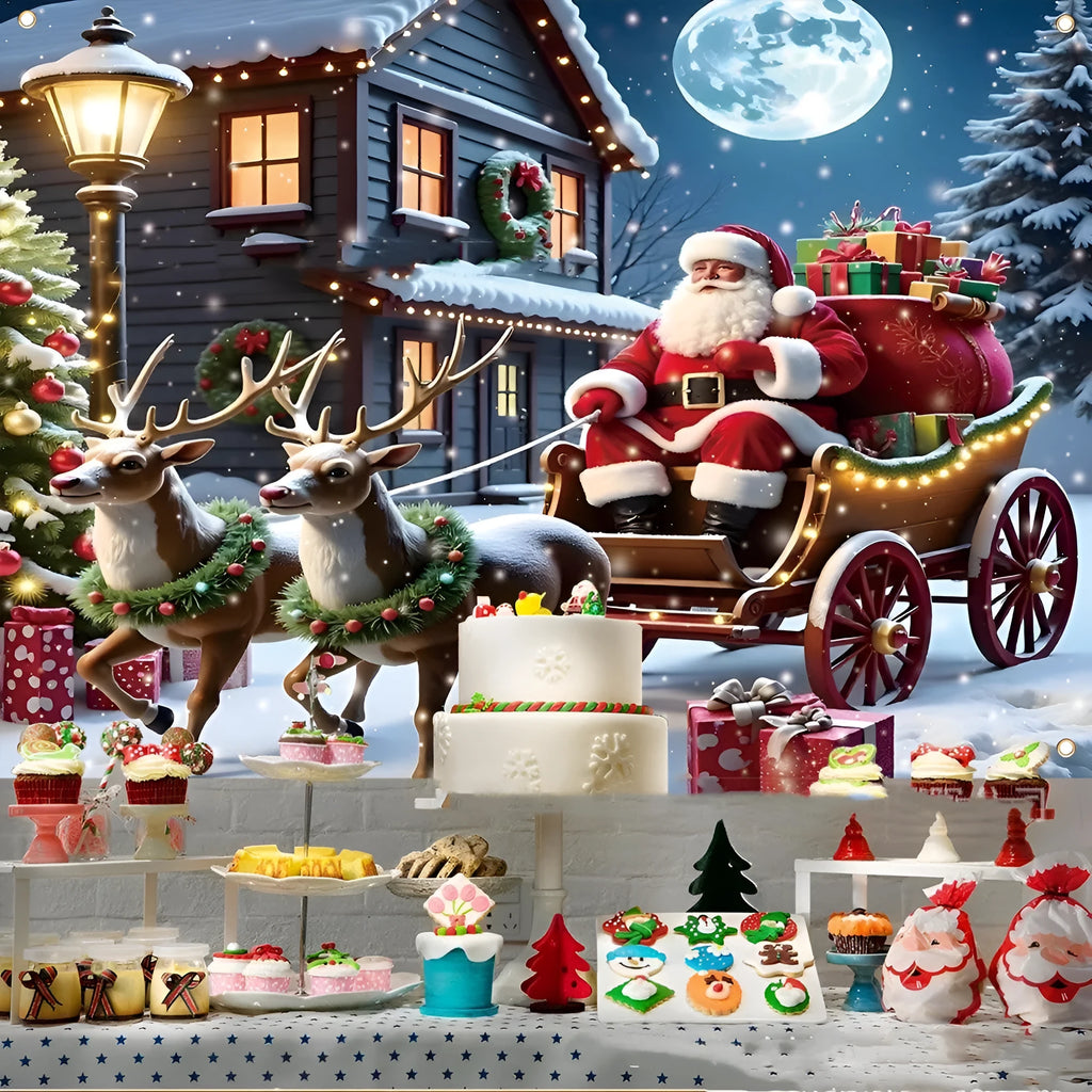 210x150cm Christmas banner with Santa Claus, night scene, and gift motifs printed on polyester fabric