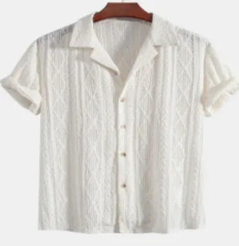 Men's loose-fitting short-sleeve cardigan in solid colour for casual summer wear.