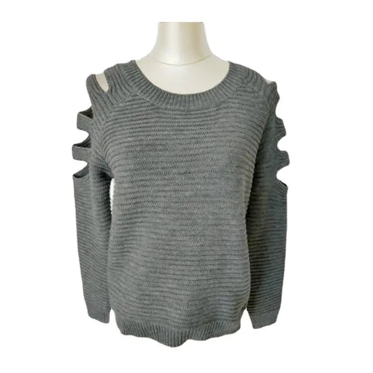 Women's grey crocheted shirt with hollow-out pattern and round neck.