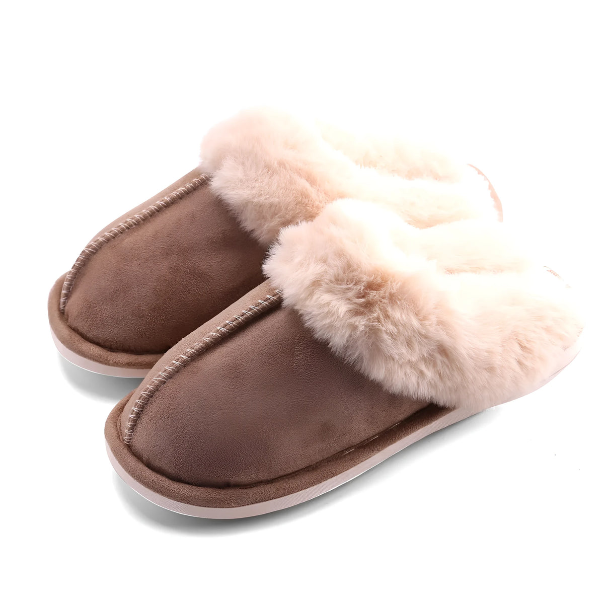 Fur furry plush house slippers with super soft velvet upper and TPR sole, shown in grey, pink, khaki, brown, off white, and brick red