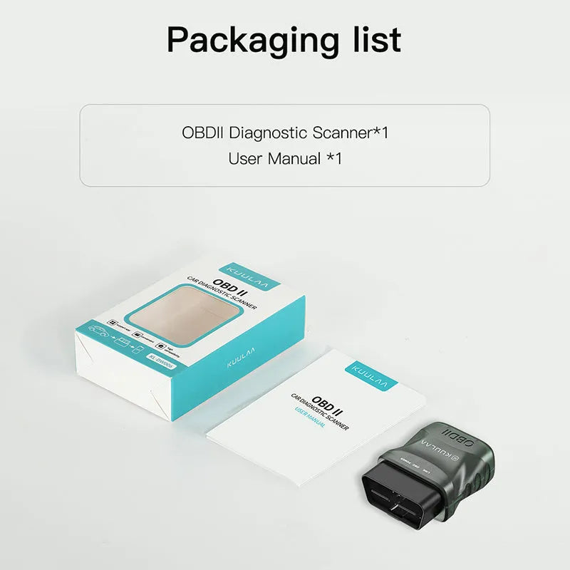 Green plastic Bluetooth OBD auto fault detector with OBDII connector and user manual