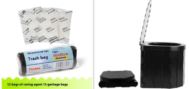 Emergency urine coagulant kit with curing agent packs and a roll of black disposable bags.