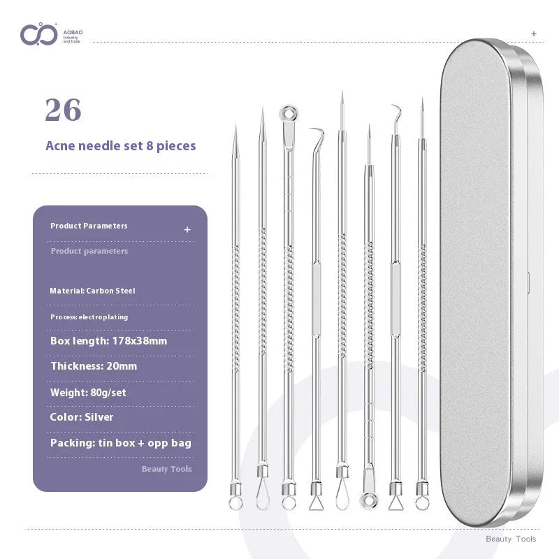 Four silver metal acne needles with ultra-fine pointed tips arranged on a clean surface.