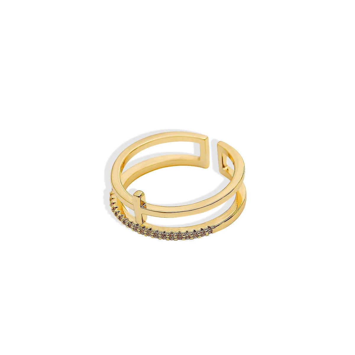 Women's simple ring with inlaid zircon, 14K gold colour on copper, adjustable opening