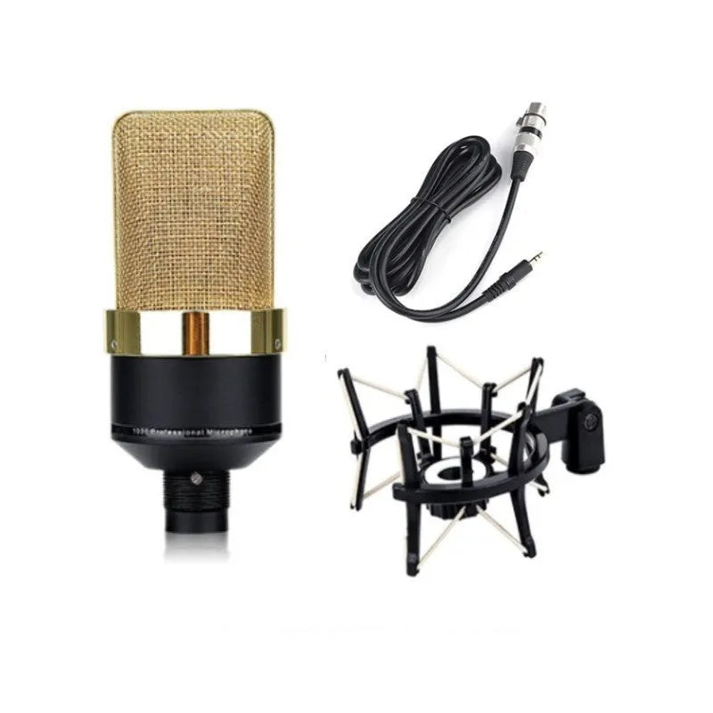 Condenser microphone with cardioid pattern in black gold or champagne gold colour with cable and stand
