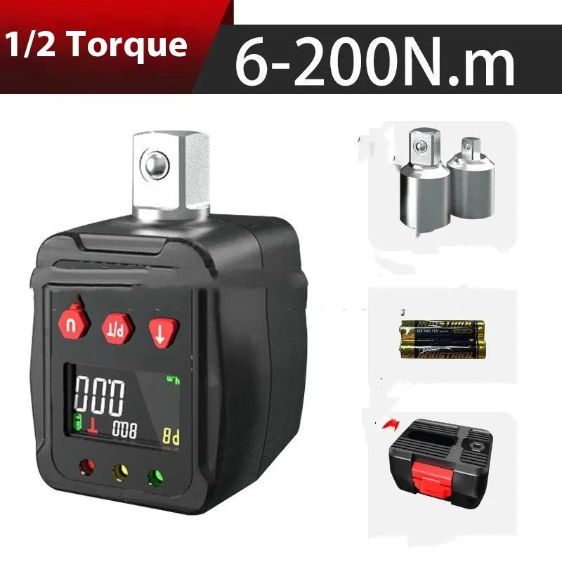 Digital torque meter with 1/2 inch square drive, part of a three-piece set with 200 Nm capacity.