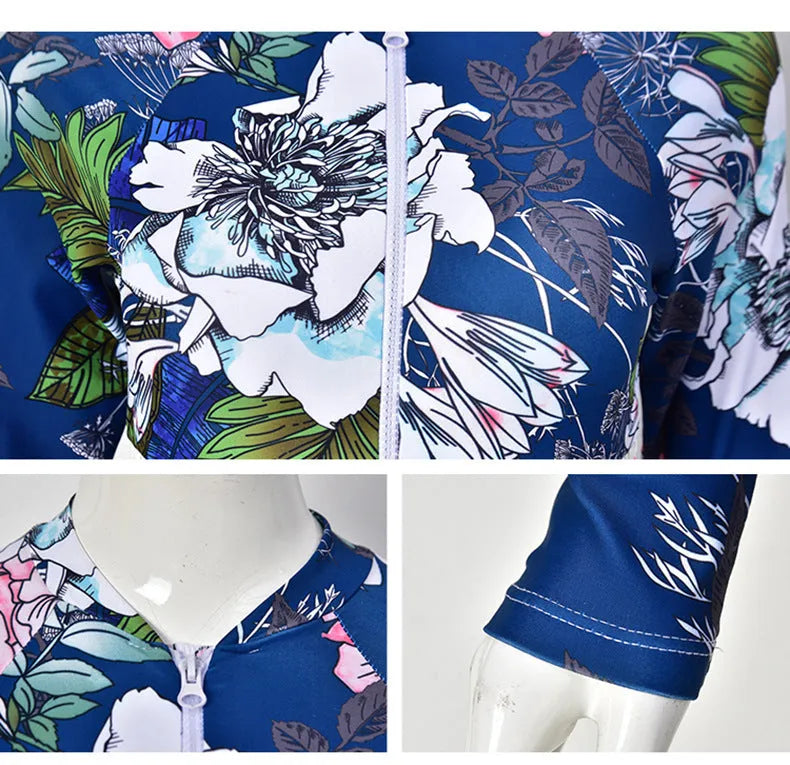 Yellow flower printed one-piece diving swimsuit with long sleeves and boxer legs