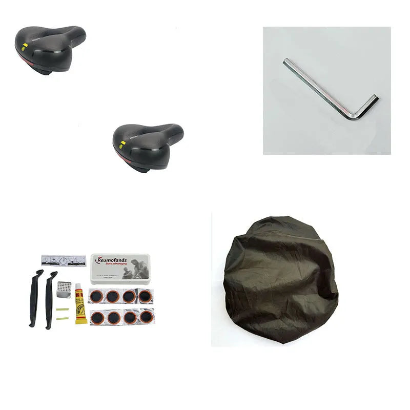 Black bicycle saddle with silicone padding and two visible steel springs underneath, shown with a waterproof cover and tools.
