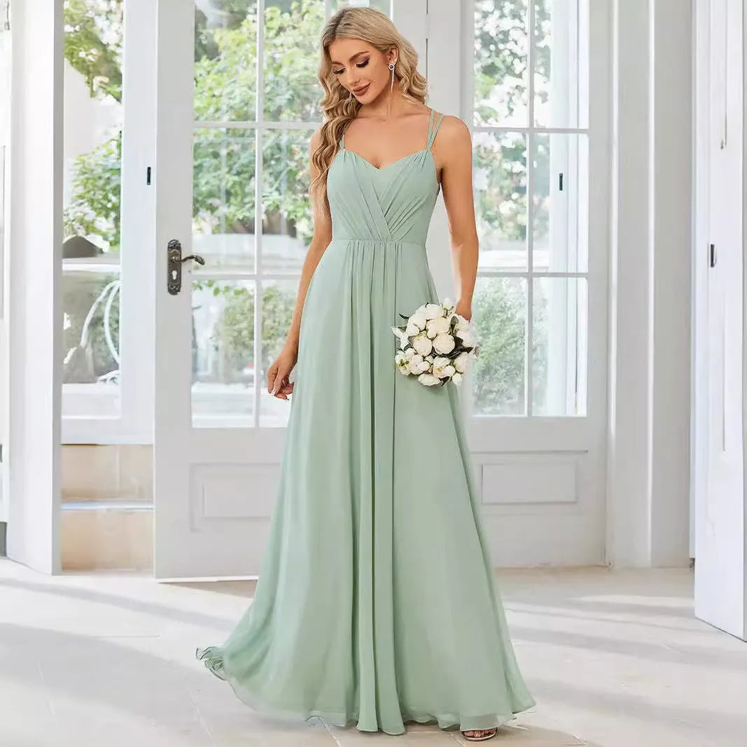 Women's long pleated sleeveless A-line dress in light green solid colour